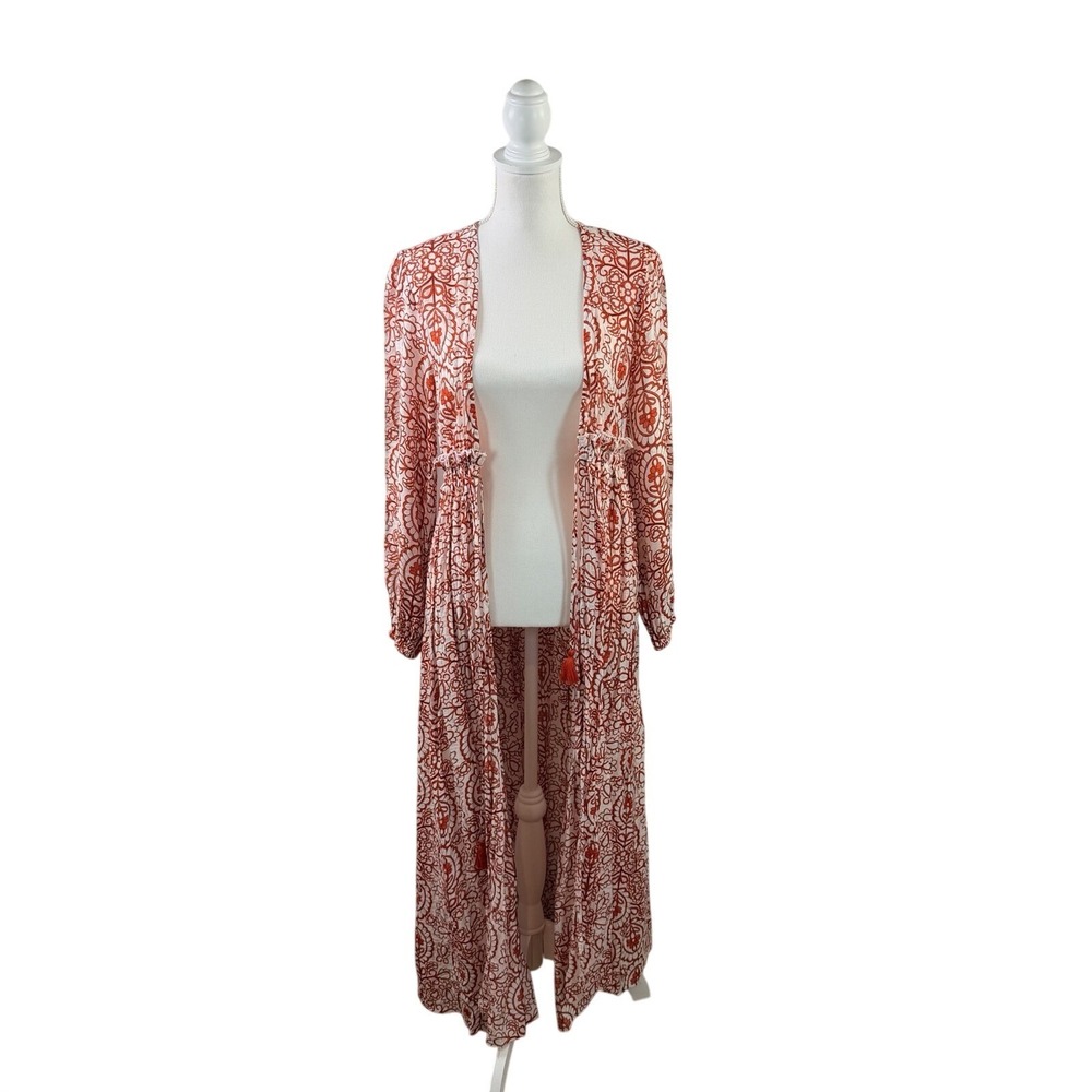 Aakaa Orange and White Paisley Flowy Boho Duster Tie Waist Open Longsleeve XS - Picture 8 of 11